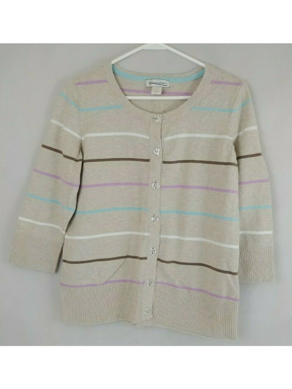 Christopher & Banks Button-Up Tan Cardigan Striped Sweater Size Small
